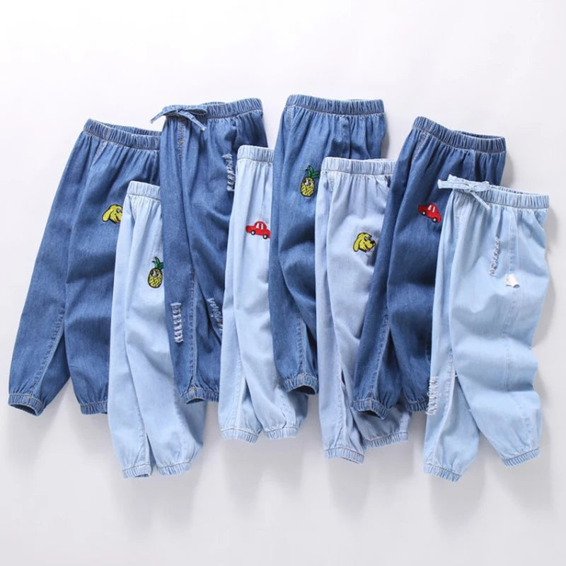 Pantalones largos finos informales de verano para niños y niñas, a la moda, de color liso, con bordado de dibujos animados, ropa vaquera para niños de 1 a 6 años