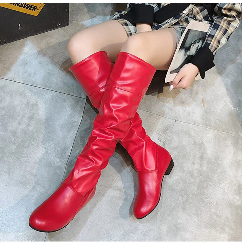 Shoes For Women Spring Knee High Boots Red Black White Tall Boots Woman Pleated Low Heel Casual Leather Female Long Shoes