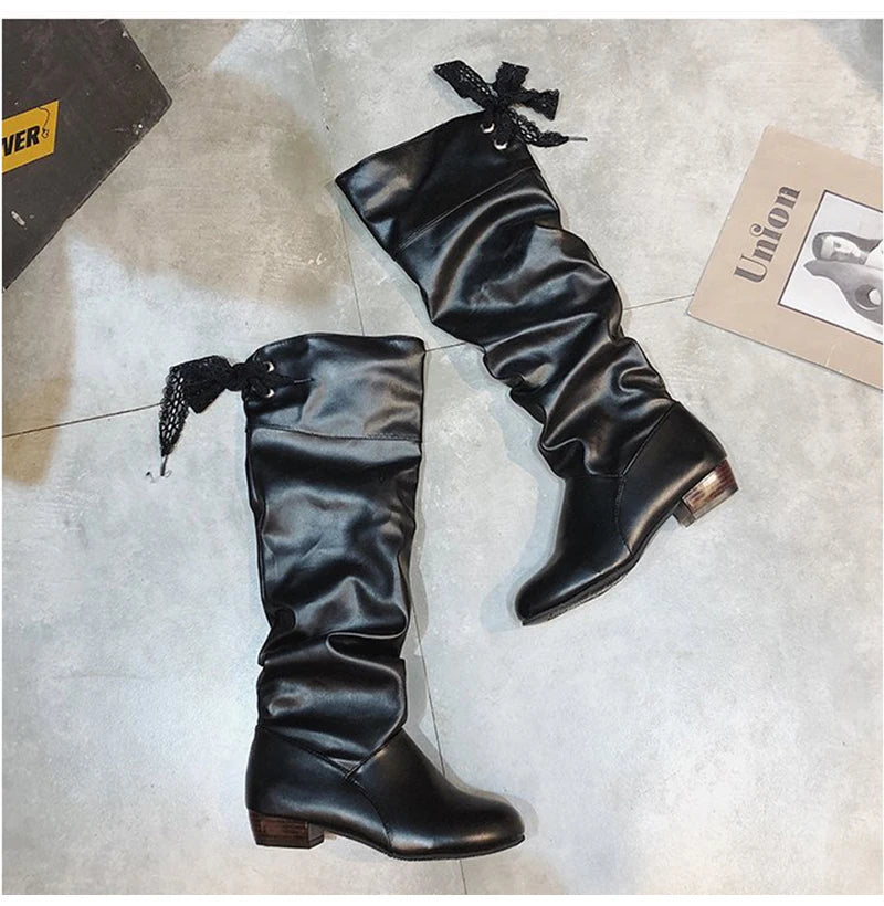 Shoes For Women Spring Knee High Boots Red Black White Tall Boots Woman Pleated Low Heel Casual Leather Female Long Shoes