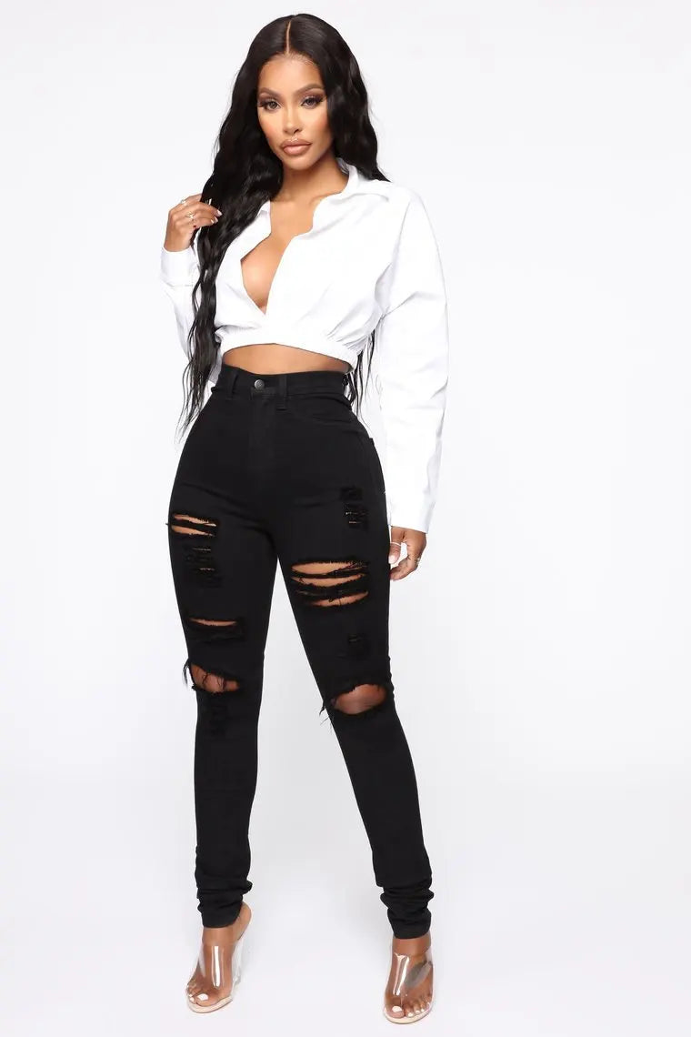 Pantalones vaqueros negros rotos para mujer, de cintura alta, ajustados y elásticos, tallas XS-XL, envío directo global, 2025