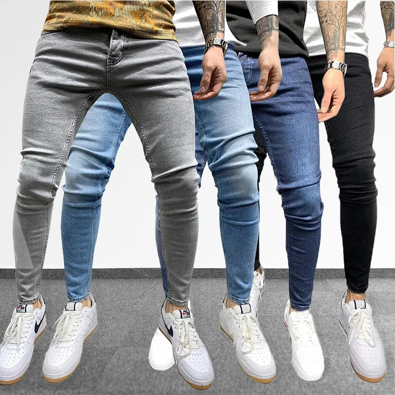 Pantalones vaqueros grises de color puro para hombre, cintura elástica, ajustados, elásticos, sin roturas, ropa de calle, color negro, 2021