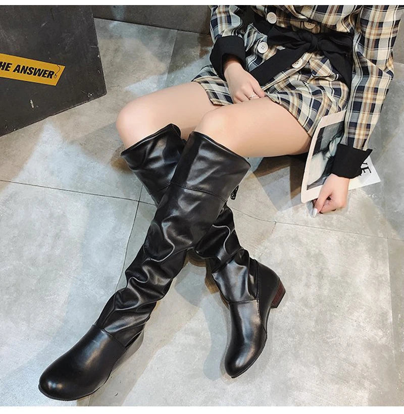 Shoes For Women Spring Knee High Boots Red Black White Tall Boots Woman Pleated Low Heel Casual Leather Female Long Shoes