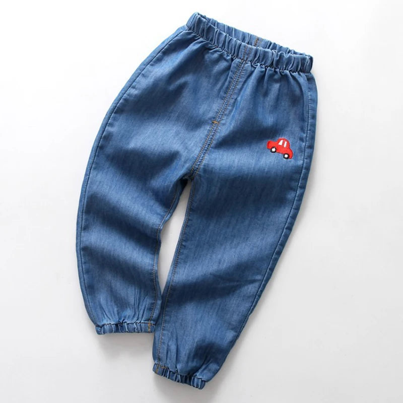 Pantalones largos finos informales de verano para niños y niñas, a la moda, de color liso, con bordado de dibujos animados, ropa vaquera para niños de 1 a 6 años