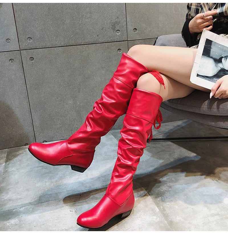 Shoes For Women Spring Knee High Boots Red Black White Tall Boots Woman Pleated Low Heel Casual Leather Female Long Shoes