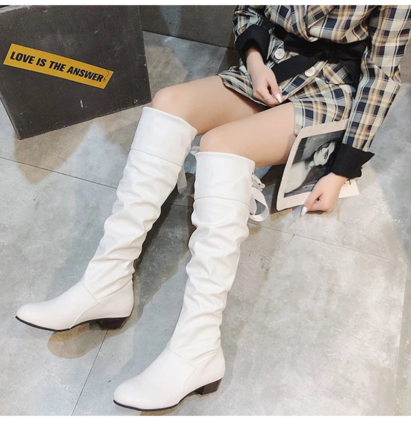 Shoes For Women Spring Knee High Boots Red Black White Tall Boots Woman Pleated Low Heel Casual Leather Female Long Shoes