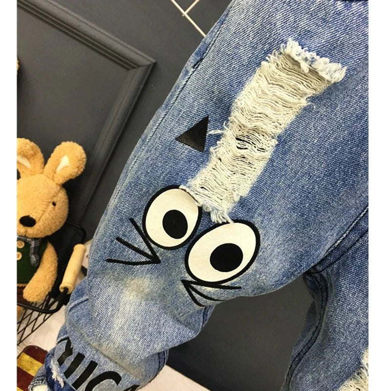 Pantalones vaqueros para niñas de 1 a 7 años, informales, con agujeros y estampado de gato de dibujos animados, para primavera y otoño