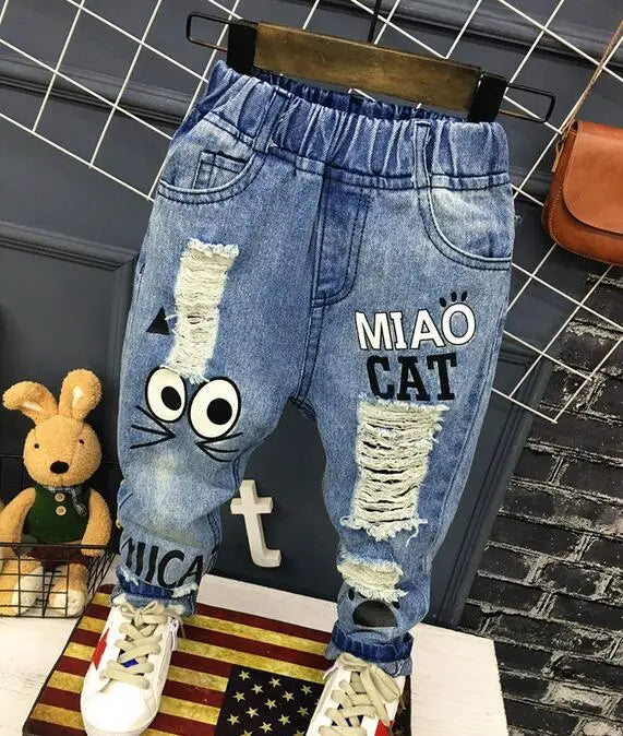 Pantalones vaqueros para niñas de 1 a 7 años, informales, con agujeros y estampado de gato de dibujos animados, para primavera y otoño