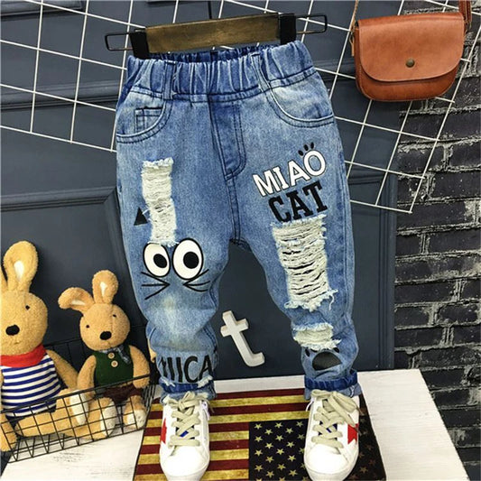 Pantalones vaqueros para niñas de 1 a 7 años, informales, con agujeros y estampado de gato de dibujos animados, para primavera y otoño