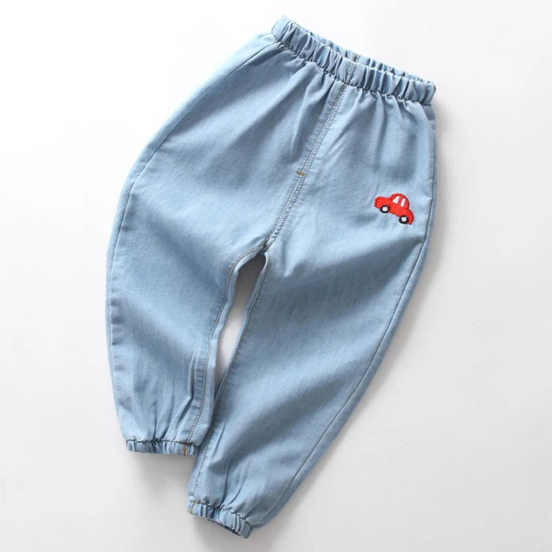 Pantalones largos finos informales de verano para niños y niñas, a la moda, de color liso, con bordado de dibujos animados, ropa vaquera para niños de 1 a 6 años