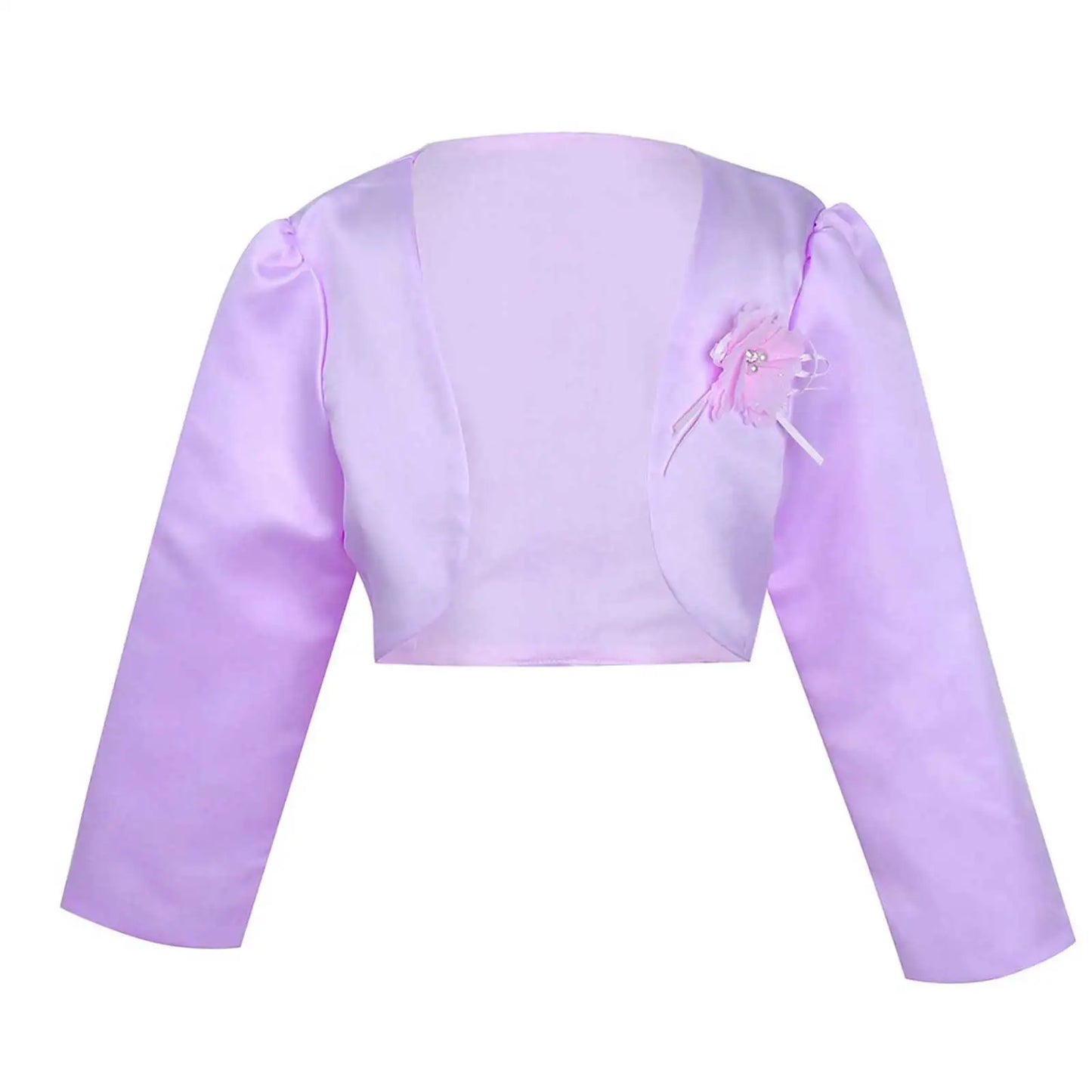 Kids Girls Satin Bolero Jackets Rhinestone Flower Elegant Cardigan Long Sleeve Open Front Shrug Cape Wedding Party Dress Outwear