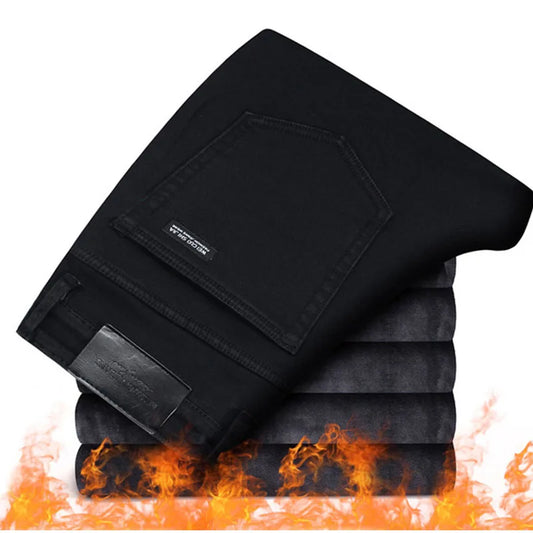 Men Fashion Winter Jeans Men Black Color Slim Fit Stretch Thick Velvet Pants Warm Jeans Casual Fleece Trousers Male