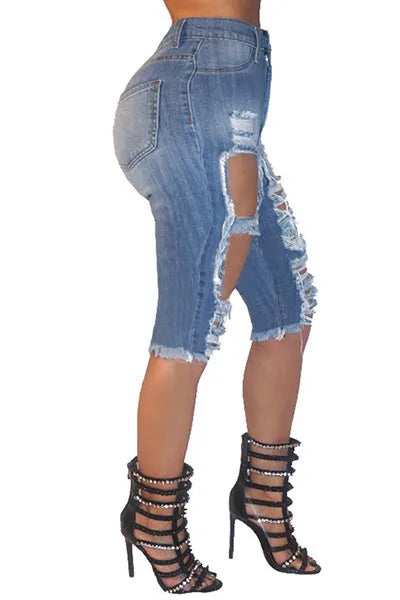 Pantalones vaqueros rotos de moda para mujer, de cintura alta elástica, ajustados, hasta la rodilla, estilo lápiz, informales, estilo hipster, para verano.