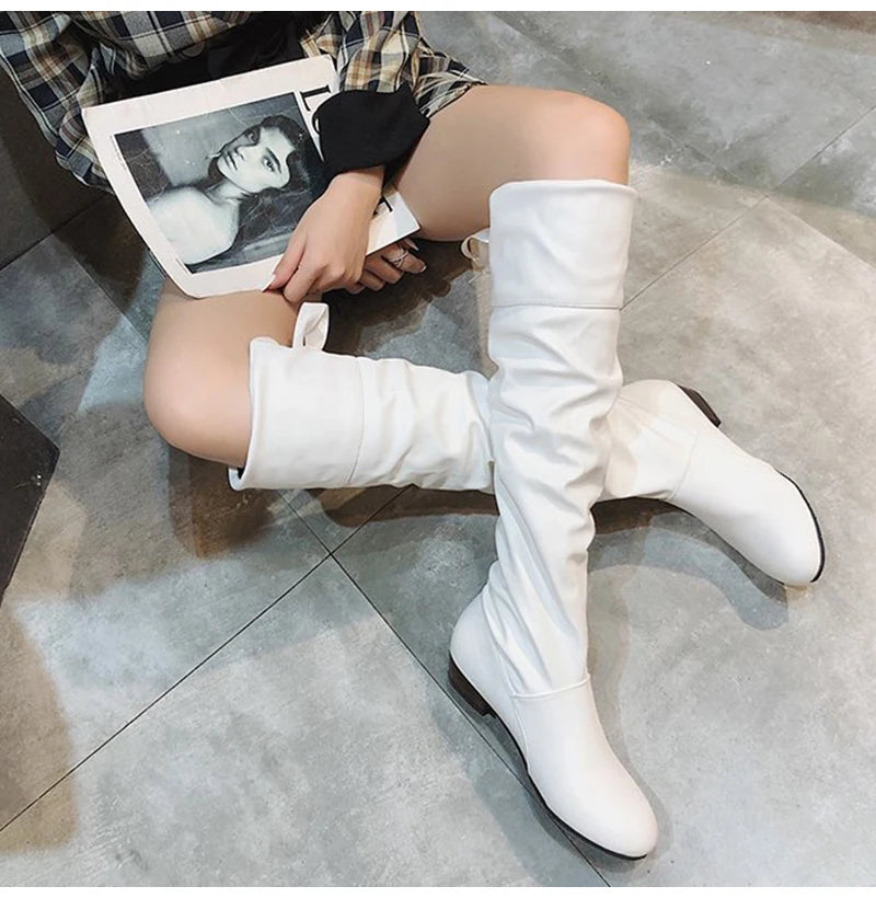 Shoes For Women Spring Knee High Boots Red Black White Tall Boots Woman Pleated Low Heel Casual Leather Female Long Shoes