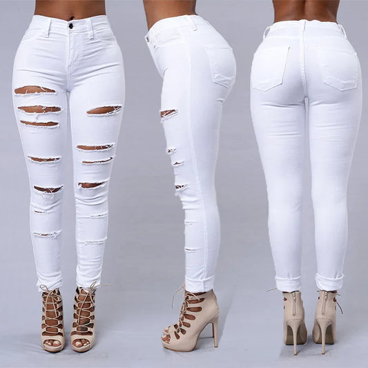 Venta caliente de jeans rotos para mujer, jeans ajustados sexis de mezclilla, pantalones casuales de moda urbana, pantalones de tubo, ropa femenina de primavera y verano