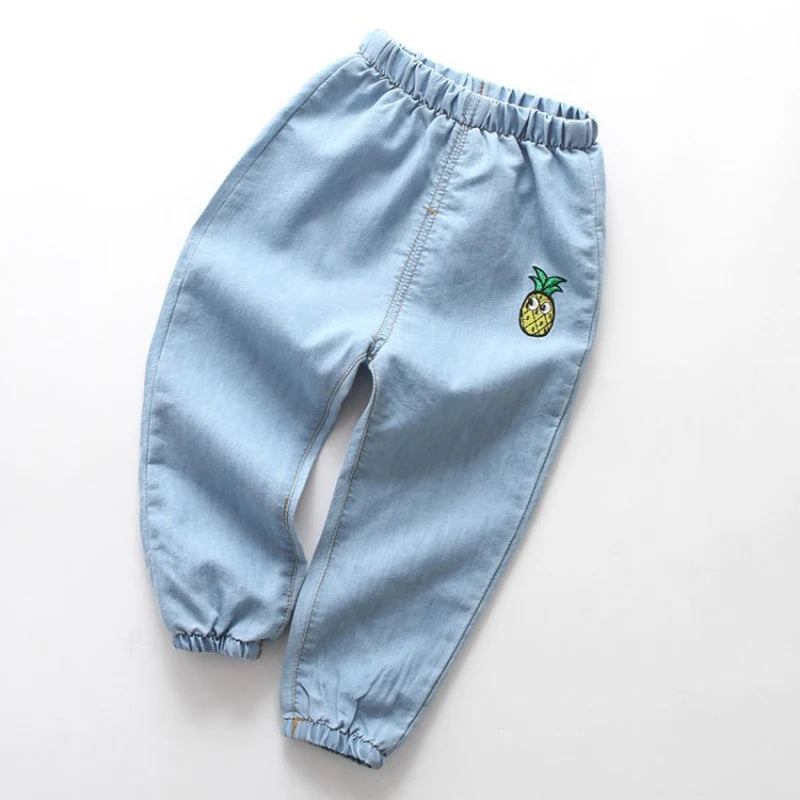 Pantalones largos finos informales de verano para niños y niñas, a la moda, de color liso, con bordado de dibujos animados, ropa vaquera para niños de 1 a 6 años