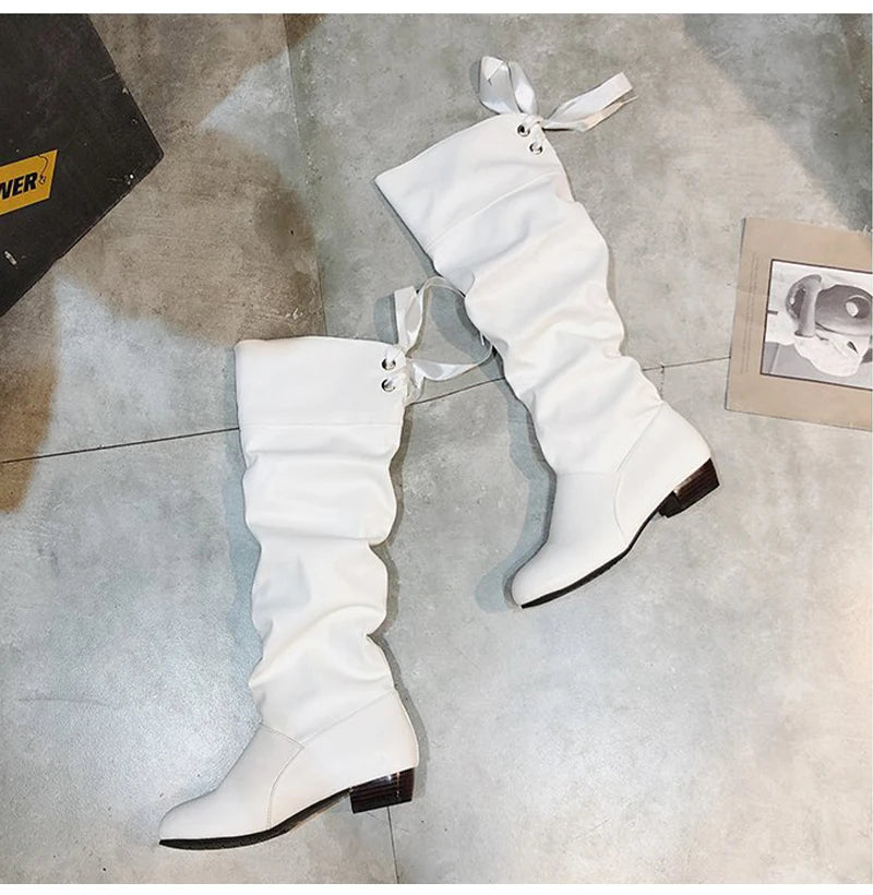 Shoes For Women Spring Knee High Boots Red Black White Tall Boots Woman Pleated Low Heel Casual Leather Female Long Shoes