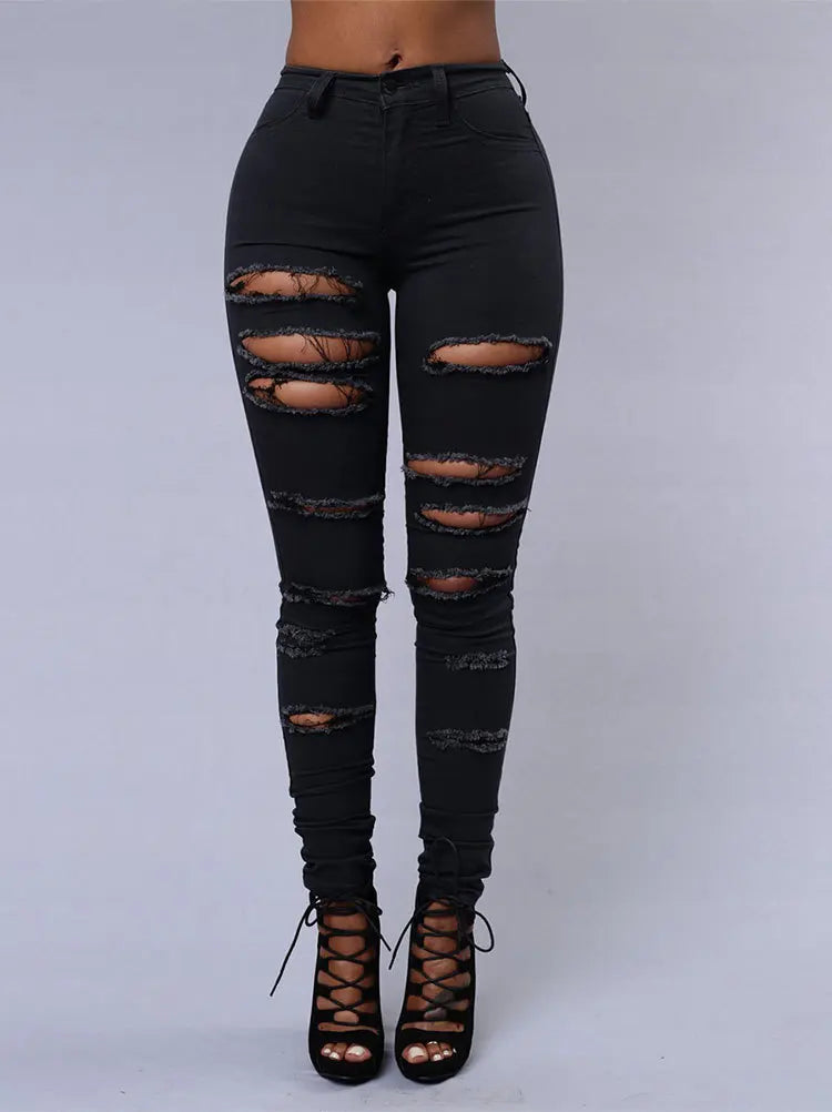 Venta caliente de jeans rotos para mujer, jeans ajustados sexis de mezclilla, pantalones casuales de moda urbana, pantalones de tubo, ropa femenina de primavera y verano