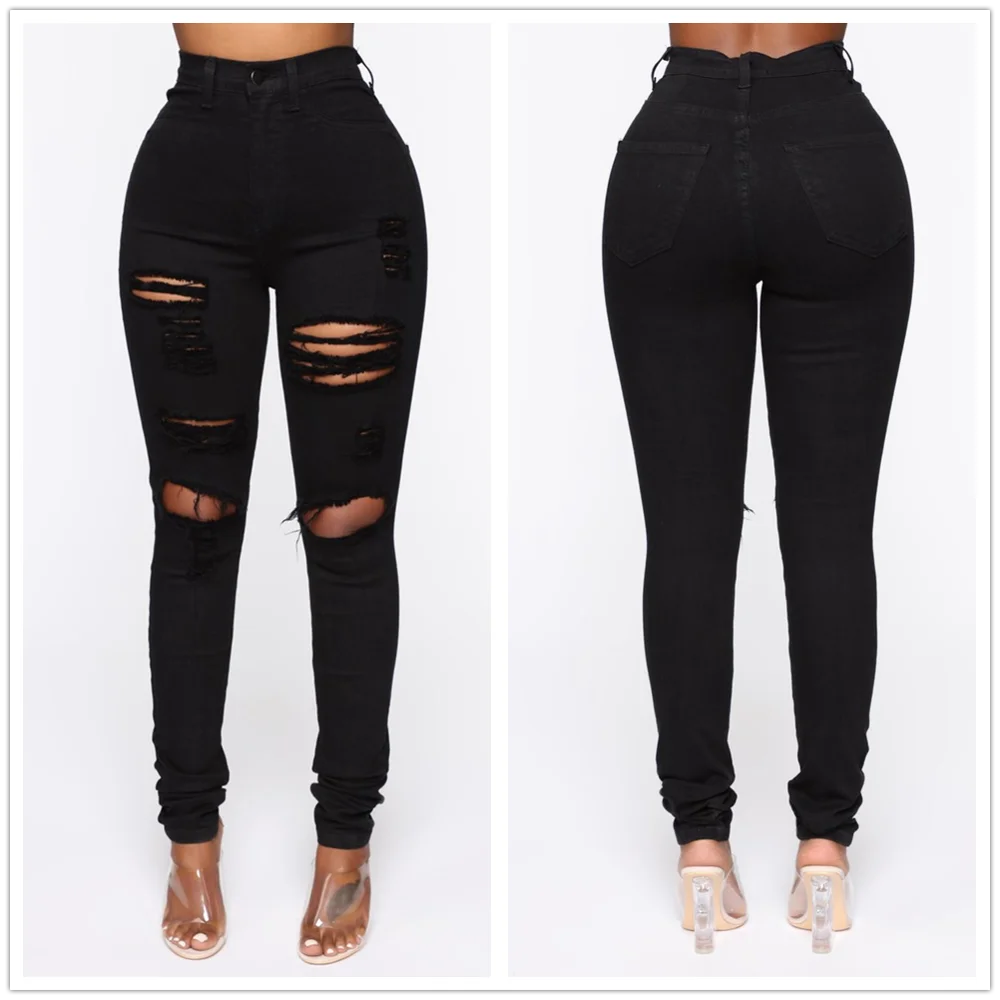 Pantalones vaqueros negros rotos para mujer, de cintura alta, ajustados y elásticos, tallas XS-XL, envío directo global, 2025