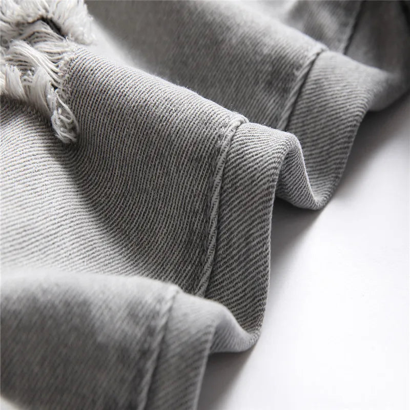 Mens Jeans Large-size Straight Light Gray Denim Trousers Spring and Autumn Full Length Male Pants Ripped Jeans