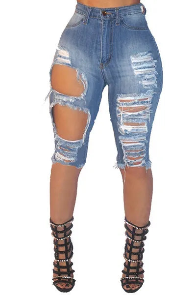Pantalones vaqueros rotos de moda para mujer, de cintura alta elástica, ajustados, hasta la rodilla, estilo lápiz, informales, estilo hipster, para verano.