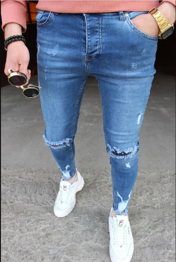 New Men's Jeans Slim Pants Holes Denim Casual Trousers Trend Skinny Jeans for Men Fashion Pencil Pants  Men Clothing