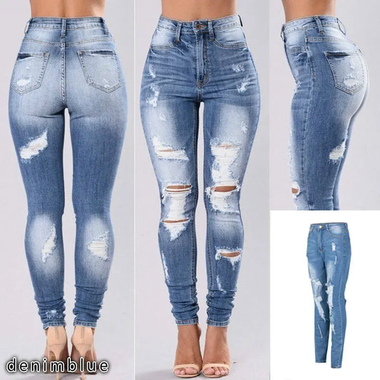 Venta caliente para mujer, pantalones vaqueros rotos azul oscuro, moda, cintura alta, ajustados, vaqueros, pantalones de tubo elásticos, tallas S-3XL, envío directo