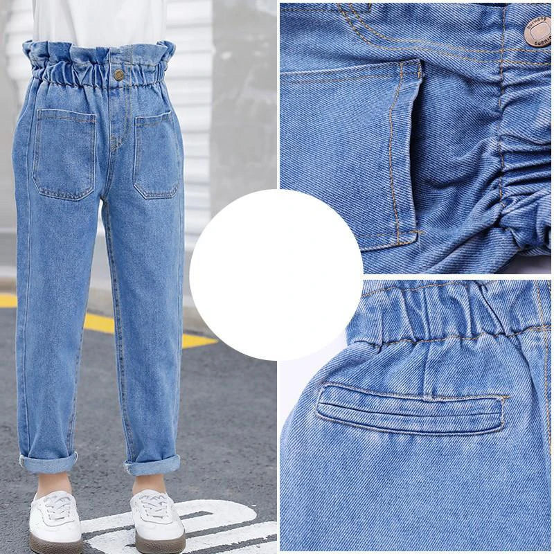 Pantalones vaqueros azules de cintura alta para niñas adolescentes, ajustados, de verano, ropa informal para niños de 10, 12 y 14 años.