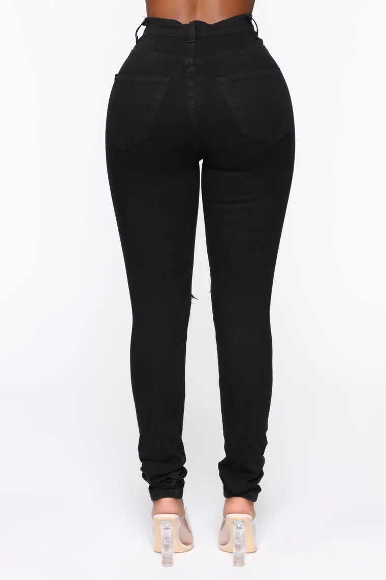 Pantalones vaqueros negros rotos para mujer, de cintura alta, ajustados y elásticos, tallas XS-XL, envío directo global, 2025
