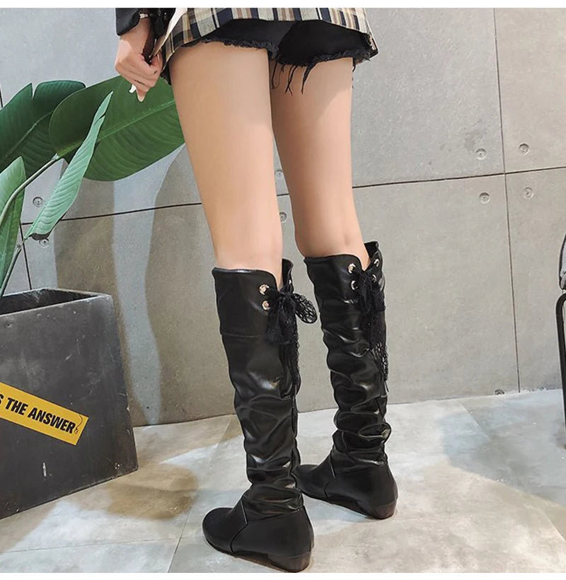 Shoes For Women Spring Knee High Boots Red Black White Tall Boots Woman Pleated Low Heel Casual Leather Female Long Shoes