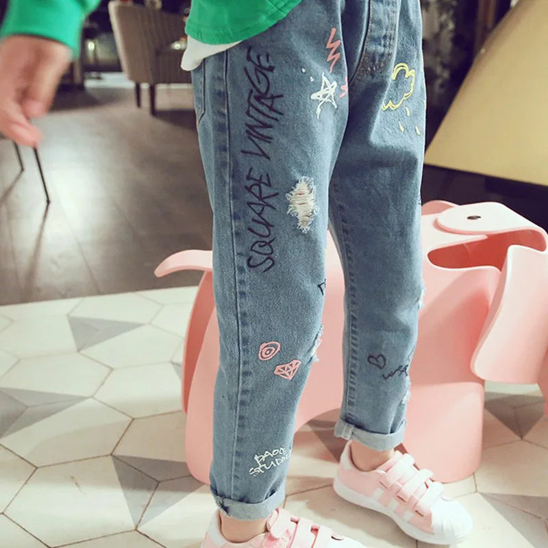 Personality cloud graffiti printing hole casual children jeans,Children's Clothing For Girl Kids Pants Boutique Children Trouser