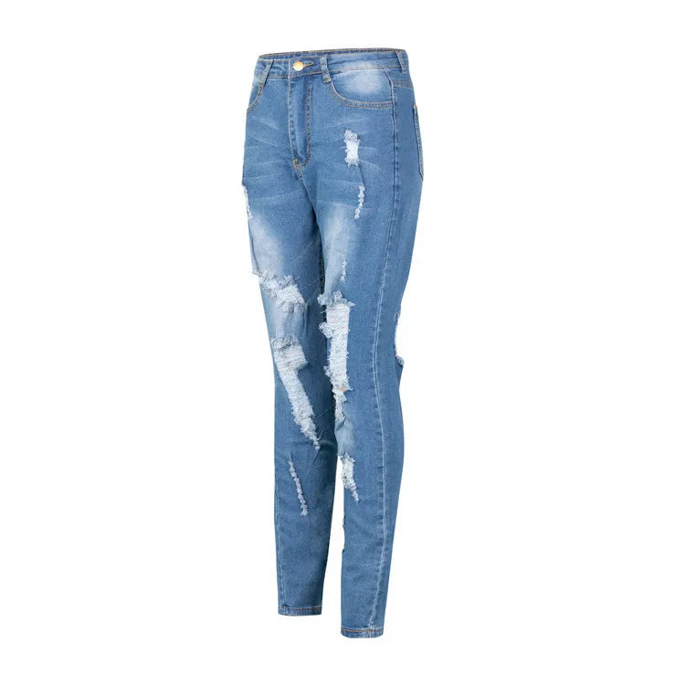 Venta caliente para mujer, pantalones vaqueros rotos azul oscuro, moda, cintura alta, ajustados, vaqueros, pantalones de tubo elásticos, tallas S-3XL, envío directo