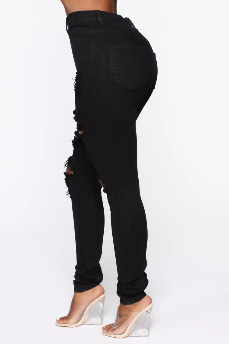 Pantalones vaqueros negros rotos para mujer, de cintura alta, ajustados y elásticos, tallas XS-XL, envío directo global, 2025