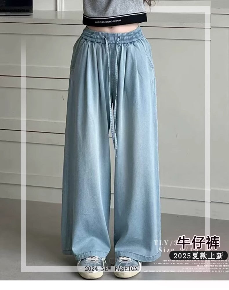 Hot sales Girls Summer Thin Jeans 2025 New Style Lyocell Cotton Straight Leg Jeans Big Kids Wide Leg Long Trousers