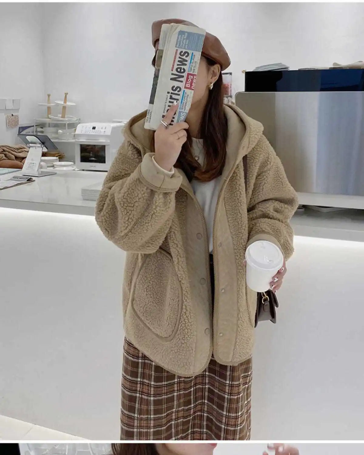 Lamb Wool Coat Women Parkas Thick Warm Coats Korean Solid Single Breasted Hooded Loose Tops Jacket Splice Regular Winter