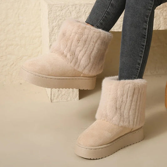 Shoes for Women Winter Slip on Women's Boots Black Round Toe Solid Flock Plush Warm Mid Heel Water Proof Casual Snow Boots Women