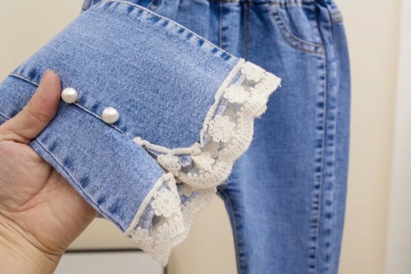 2-12 Year Old Girls Jeans Fashion Lace Elastic Denim Flared Pants Spring Autumn Solid Color Trousers Teenager Kids Girl Clothing