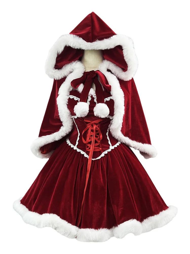 Robe de Noël Lolita rouge sexy tube, tailles S à 5XL, costume cosplay bordeaux, soutien-gorge, robe, cape, déguisement de fête