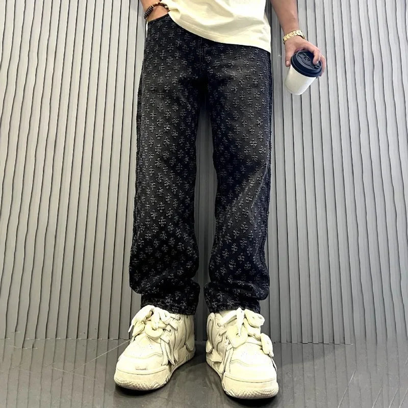 Pantalones vaqueros con estampado jacquard para hombre, rectos, holgados, desgastados y anchos.