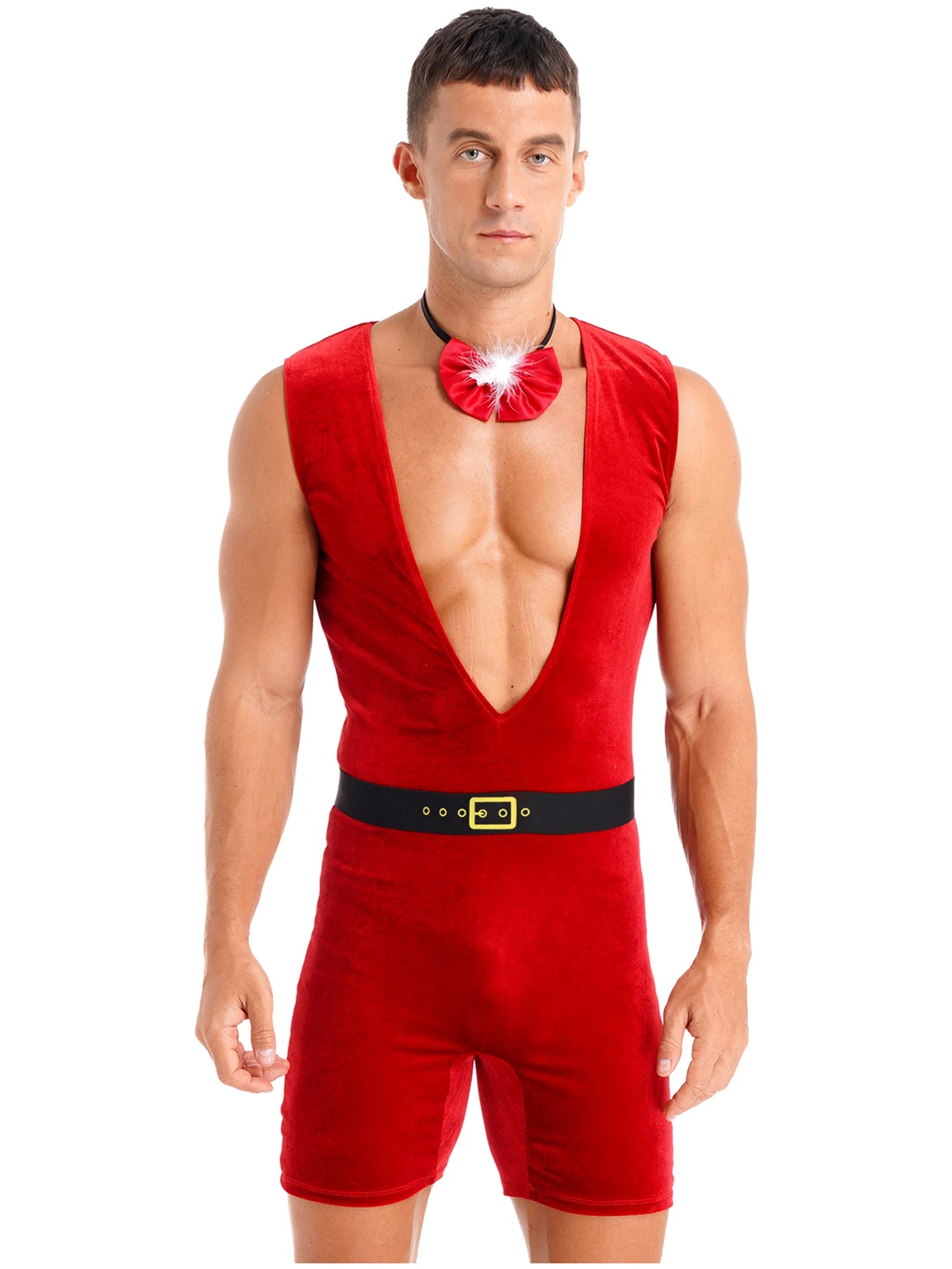 Mono de terciopelo suave sin mangas con escote en V profundo, sin mangas, con cinturón y pajarita con ribete de plumas, ideal para fiestas navideñas masculinas.