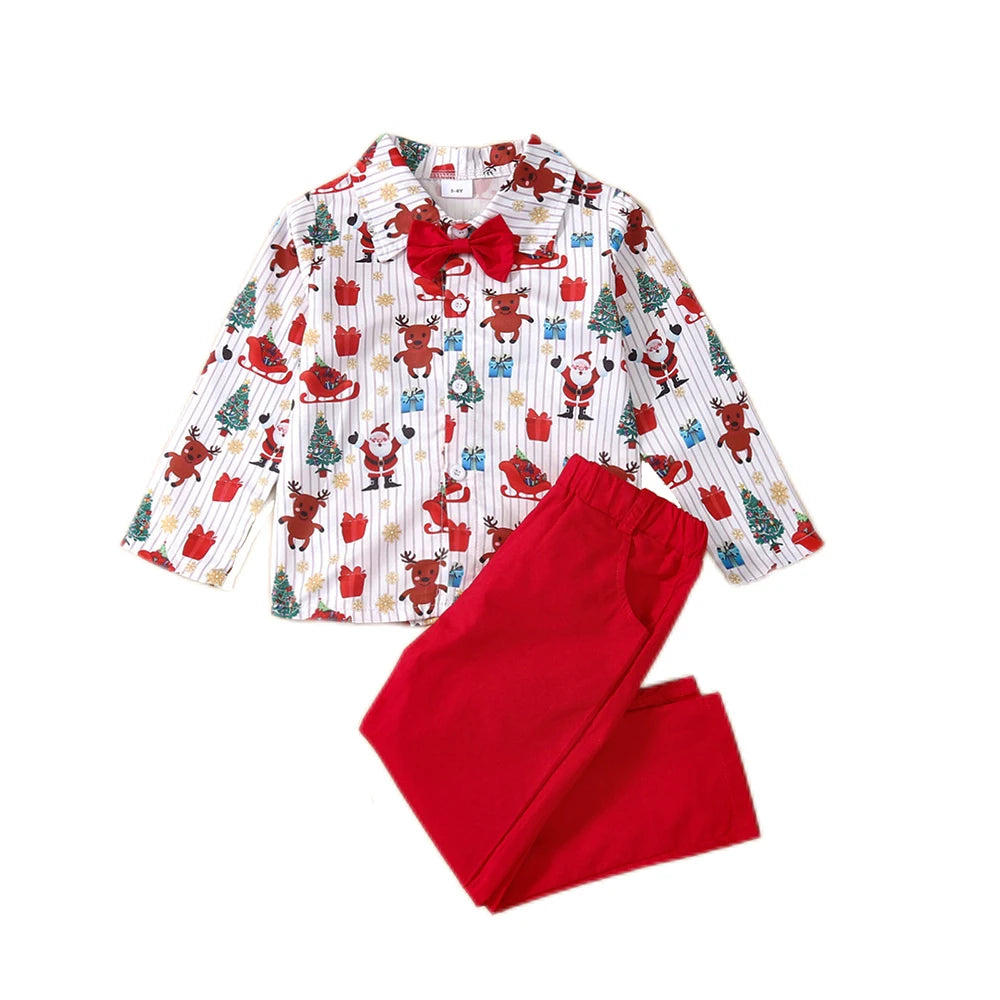 Ceeniu 1-5Y New Year Costume For Boy Christmas Outfit Santa Deer Printed Necktie Shirts and Red Pants Children Christmas Clothes