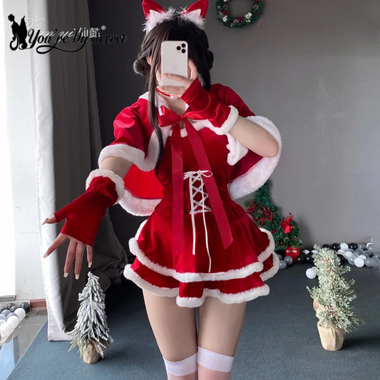 [You're My Secret] Christmas Dress Suit Women Xmas Cosplay Costume Red Suit Party Rabbit Ears Hooded Shawl Christmas Girl Set