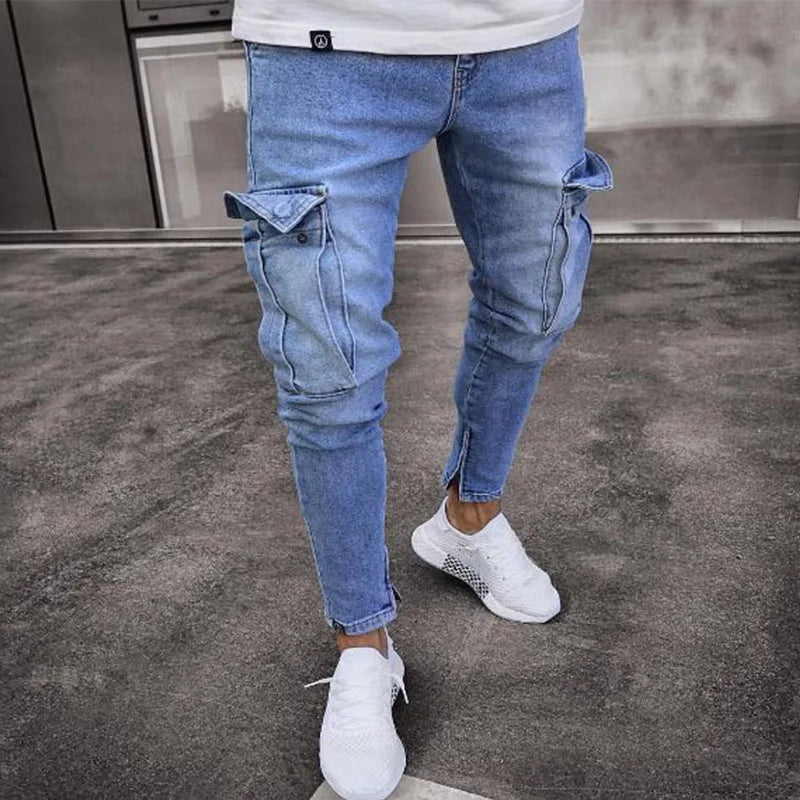 Pantalones vaqueros elásticos de calle para hombre, pantalones cargo de mezclilla lavados, de color sólido, con múltiples bolsillos, pantalones casuales de cintura media, ajustados, para uso diario, para correr