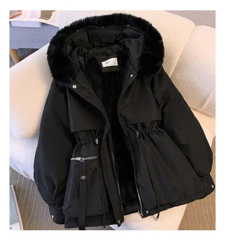 Fur Hooded Women Thick Parkas Zipper Autumn Coats Elastic Waist Midi Jackets Pockets Coats Elegant Coat Warm Winter 2024