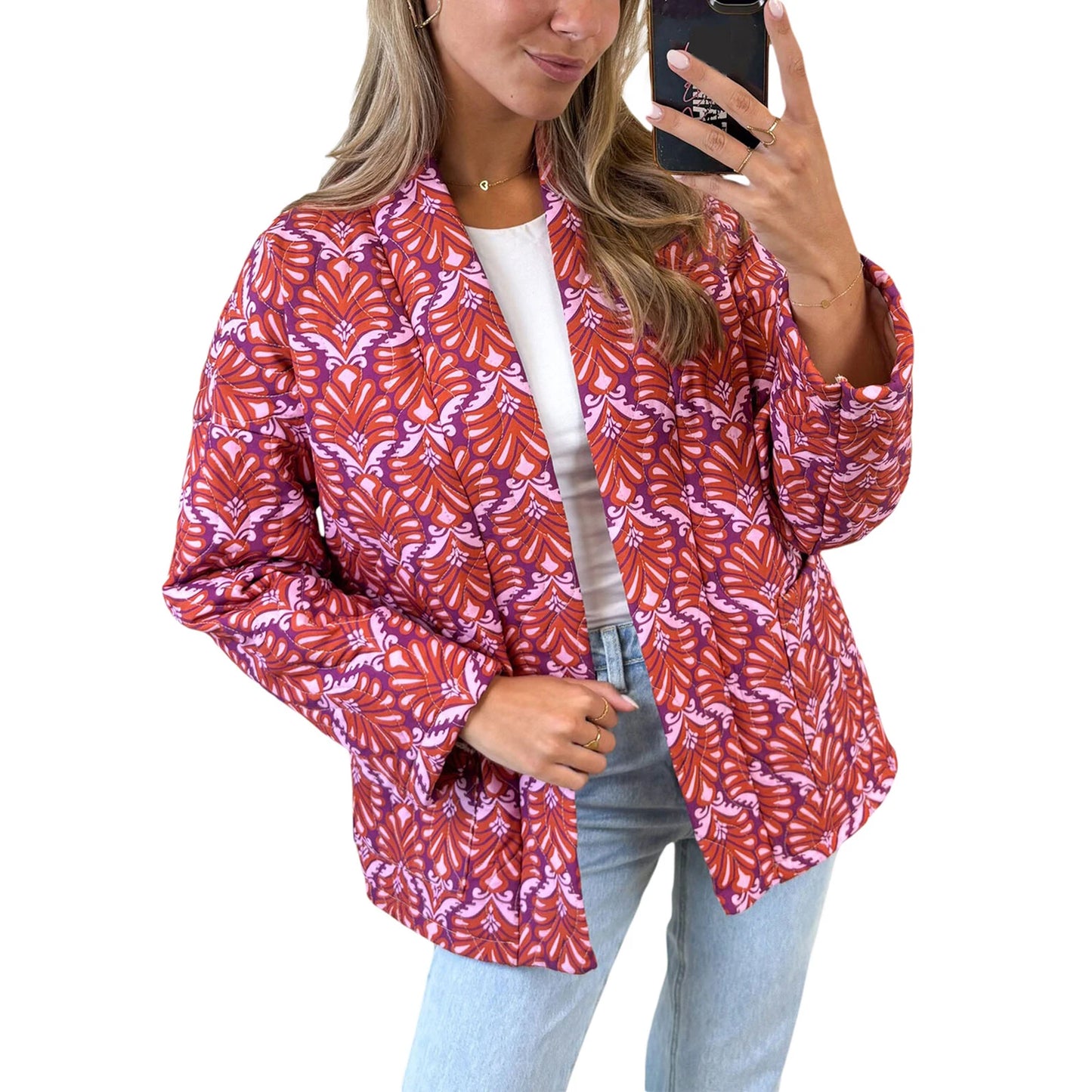 2024 New Fashion Women Winter Padded Jacket Vintage Print Open Front Quilted Long Sleeve Coat Cardigan