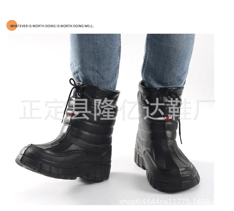 Winter Rain Boots Men Windproof Work Shoes Ankle EVA Rainboots Plush Warm Lightweight Black Slip On Anti-slip Wear-resistant