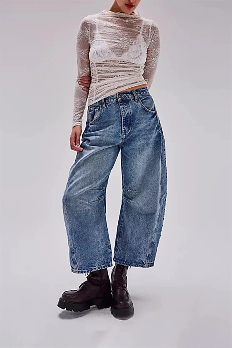 Pantalones vaqueros holgados de pierna ancha para mujer, decolorados, de color liso, de cintura alta, a la moda, hasta el tobillo