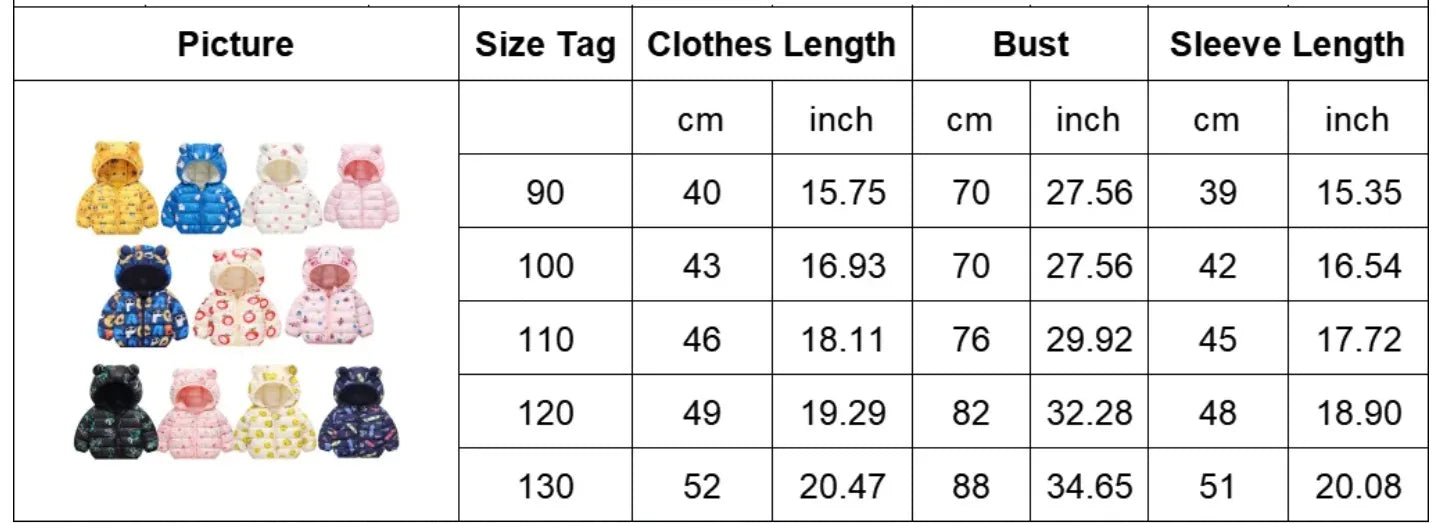 1-6Y Baby Cartoon Bear Ear Hooded Puffer Jackets Infant Warm Printed Winter Coats