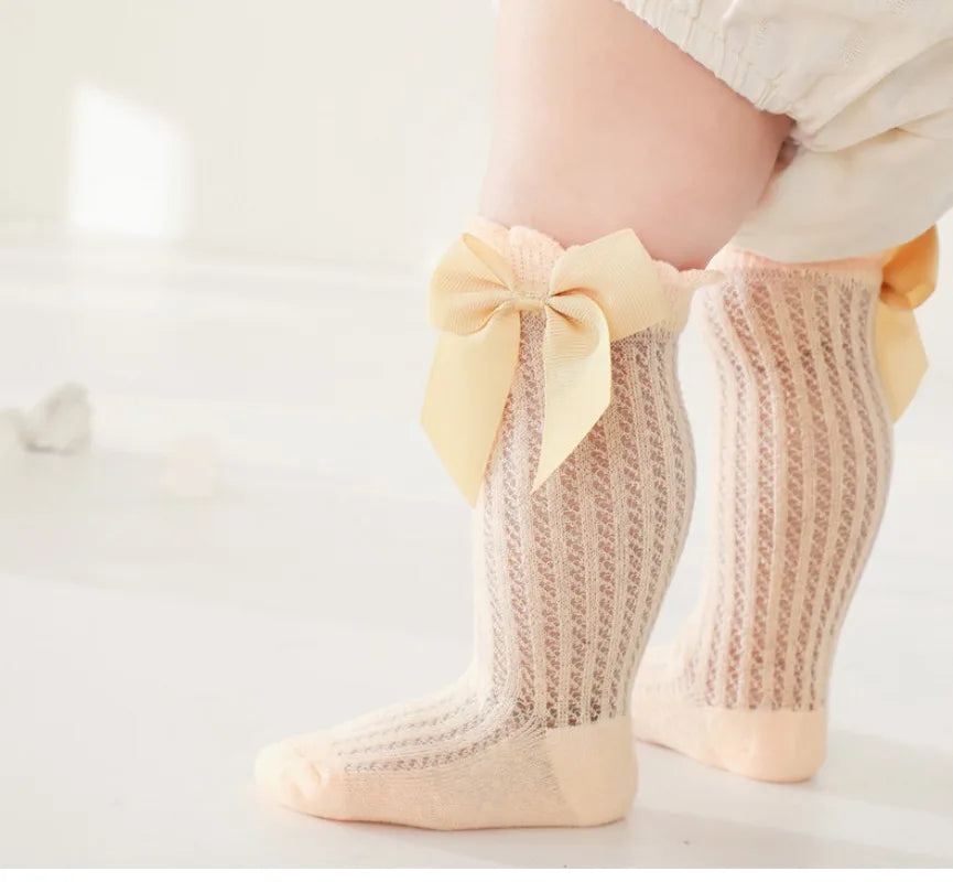 0-2Years Baby Girl Socks with Bow Summer Toddler Baby Cotton Mesh Knee Socks Newborn Infant Non-slip Baby Princess Long Socks