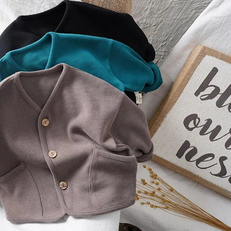 Korean 0-7Yrs Children's Loose Solid Color Long Sleeved Cardigan Autumn Style Pure Cotton Casual Top Jacket for Boys and Girls