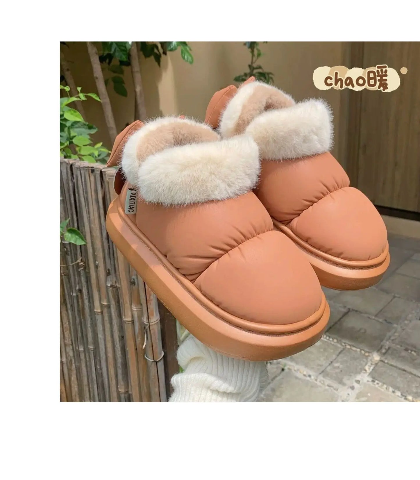 Bow Knot Short Ankle Snow Boots Women Winter Plush And Thick Insulation Waterproof PU Cotton Household Shoes Home Slipper Women